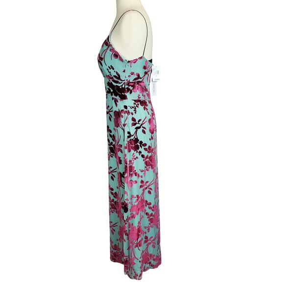 Yigal Azrouel Y2K Silk Blend Slip Dress 6 Elegant Teal w/ Plum Velvet Floral NWT - Picture 2 of 16